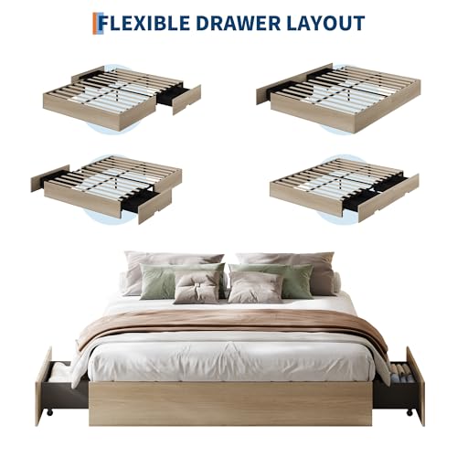 King Bed Frame with 2 Storage Drawers,Wooden Floor Bed Frame, view 5