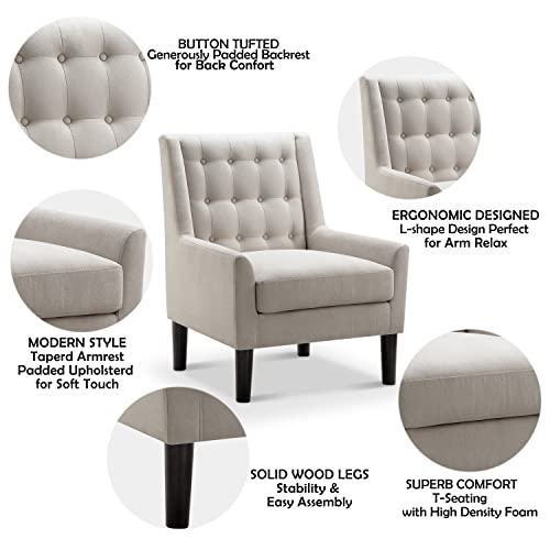 Accent Chair - Button Tufted Armchair for Living Room, Bedroom, Reading - Mid-Century Modern Lounge Chair Set - Natural