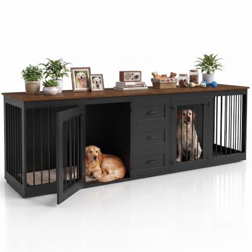 92.8" Double Dog Crate Furniture with 3 Drawers, Dog Kennel Indoor, view 2