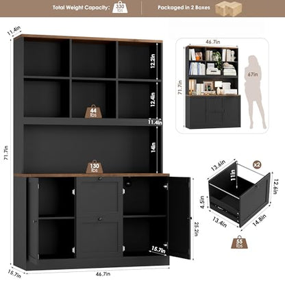 72'' Tall File Bookcase with Power Outlet & Printer Stand, 2 Drawer Filing Cabinets for Home Office Fit Hanging A4 File, Storage Cabinet w/ 3 Tier Open Book Shelf & Doors for Living Room, Black
