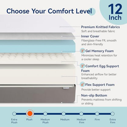 Memory Foam Mattress, Soft Plush Feel, Breathable, 12 Inch, Queen, White/Grey, view 5