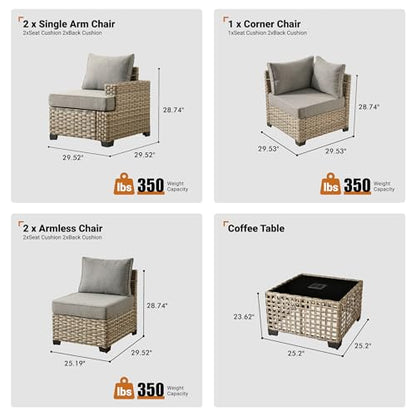 6 Piece Patio Sectional Furniture, Rattan Wicker Coversation Couch Set, Outdoor Sofa Set for Outside Porch Balcony Backyard Pool,Dark Grey