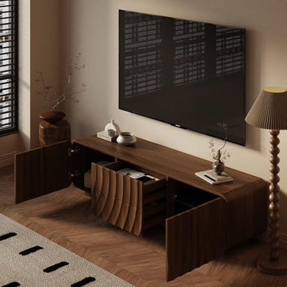 58" TV Console, Spiral Wave Design, 2 Drawers, Media Storage, Walnut, view 6