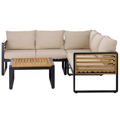 SAFAVIEH Outdoor Patio Furniture Collection - Baker Corner Set, Black & Taupe, Steel Frame with Acacia Wood Accents, Cushioned Modern Sectional Sofa with Table for Patio, Deck, or Backyard (PAT7757A)