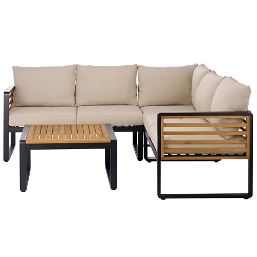 SAFAVIEH Outdoor Patio Furniture Collection - Baker Corner Set, Black & Taupe, Steel Frame with Acacia Wood Accents, Cushioned Modern Sectional Sofa with Table for Patio, Deck, or Backyard (PAT7757A)