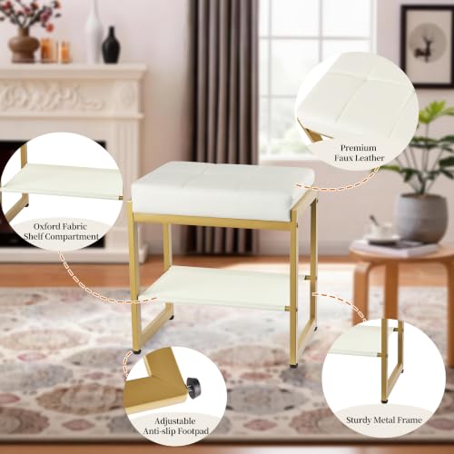 White Gold Vanity Stool, Vanity Chair Stools with a Lower Storage Shelf, Faux Leather Upholstered Ottoman Bench for Bedroom, Living Room, Modern Metal Legs Makeup Chairs