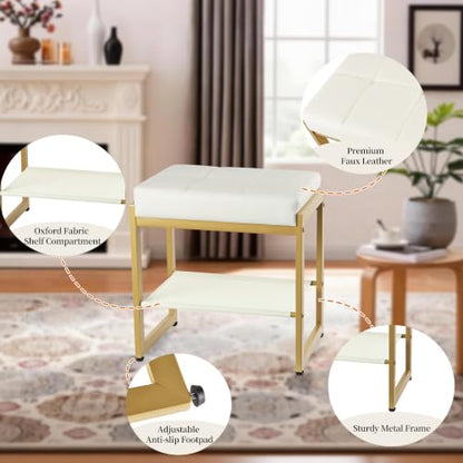 White Gold Vanity Stool, Vanity Chair Stools with a Lower Storage Shelf, Faux Leather Upholstered Ottoman Bench for Bedroom, Living Room, Modern Metal Legs Makeup Chairs