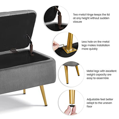 Yaheetech Ottoman with Storage 2pcs, Velvet Entryway Bench with Safety Hinge, Upholstered Bench with Seating for Bedroom, Living Room, Holds up to 519 lb, Gray