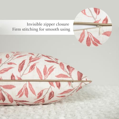 Home Decorative Throw Pillow Covers, 20 x 20 Inch Farmhouse Pink Leaves Pattern Throw Pillowcases with Piping Edge, Square Cushion Covers for Living Room, 1 Piece