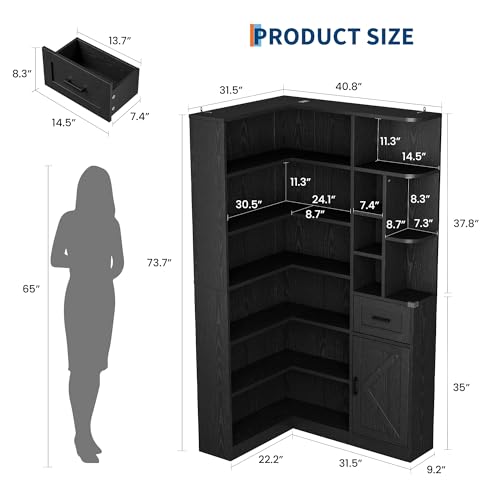 74'' Tall Corner Bookshelf, 6-Tier Book Shelf with Drawer and Cabinets, view 3