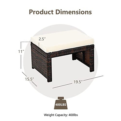 2 Piece Outdoor Wicker Ottomans, Patio Rattan Footstool with Cushions, Solid Steel Frame, Multifunctional Ottomans for Poolside Backyard Balcony