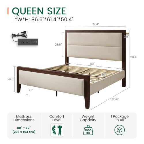 Queen Wood Bed Frame with Upholstered Charging Station Headboard, view 3