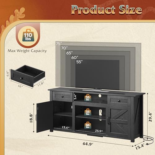 TV Stand for 75/70 Inch TV, Entertainment Center with Storage & Power Outlet, Farmhouse Media Console Cabinet with Drawers and Adjustable Shelves for Living Room, Black
