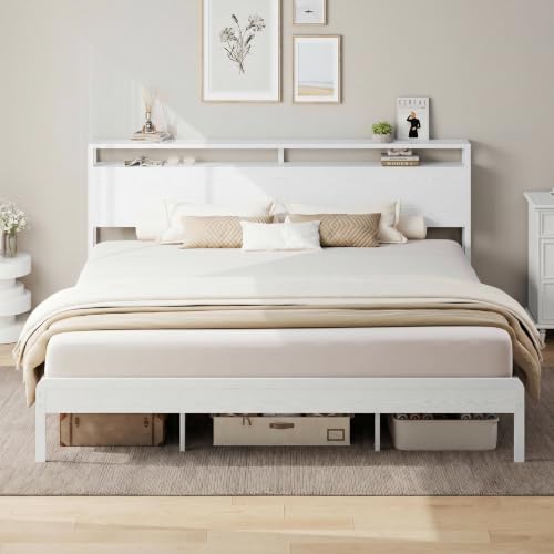 King Size Bed Frame with 2-Tier Storage Shelf Headboard, view 2