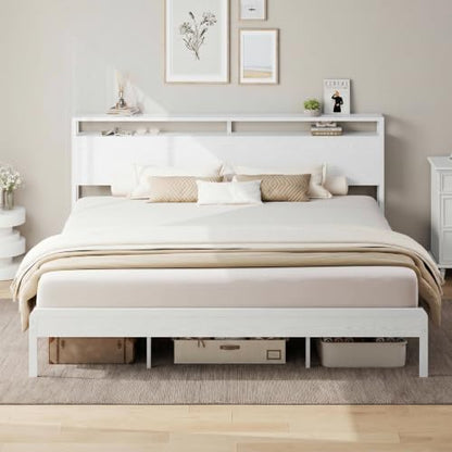 King Size Bed Frame with 2-Tier Storage Shelf Headboard, view 2