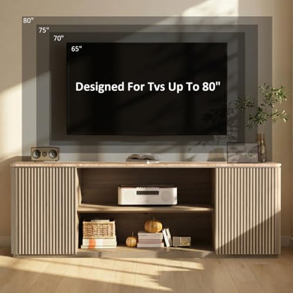 70" Modern Fluted TV Stand for TVs Up to 80", Faux Marble Top, Natural Oak, view 6