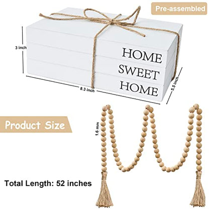 Decorative Books for Home Decor, White Faux Books for Decoration, Rustic Farmhouse Stacked Display Books with 52in Wood Bead Garland for Coffee Tables Living Room, (Home Sweet Home)