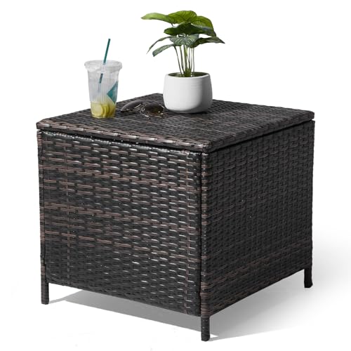 Outdoor Side Table with Storage, 27-Gallon Patio Deck Box Outdoor Wicker Side Table for Poolside Balcony Storage Table (Brown, Square)