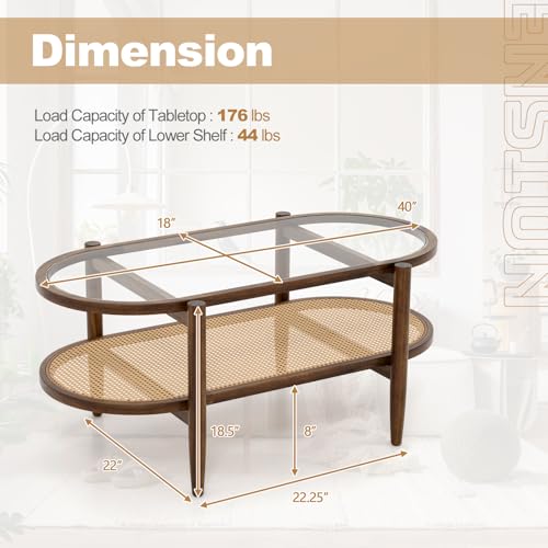 Rattan Coffee Table, 2-Tier Oval Acacia Wood Tea Table w/Tempered Glass Tabletop & PE Rattan Storage Shelf, Boho Cocktail Tables, Mid Century Modern Center Table for Living Room Office, Brown