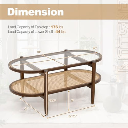 Rattan Coffee Table, 2-Tier Oval Acacia Wood Tea Table w/Tempered Glass Tabletop & PE Rattan Storage Shelf, Boho Cocktail Tables, Mid Century Modern Center Table for Living Room Office, Brown