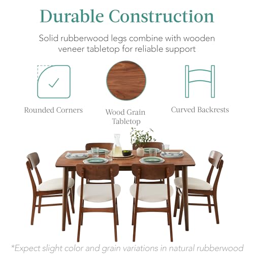 Best Choice Products 7-Piece Wooden Dining Room Table Set, Mid-Century Modern, Kitchen Table w/ 6 Chairs, Upholstered Cushions, Curved Backrests, Rounded Table Corners - Walnut/Cream