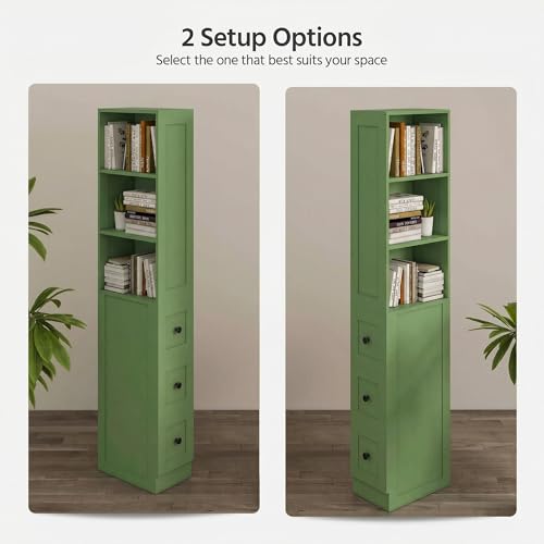 Tall Narrow Storage Cabinet, Anti-Tipping Floor Cabinet with 2 Adjustable Shelves & 3-Level Drawers for Small Space, Home, Bathroom, Kitchen, Laundry (White) (Green)