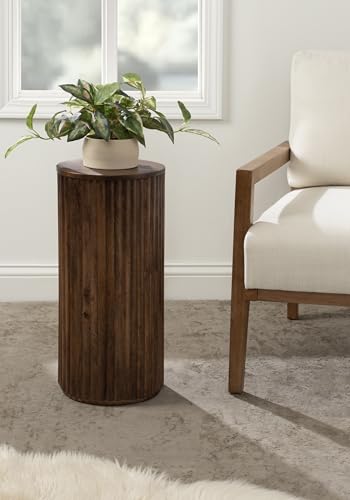Reid Modern Wooden Ribbed Drink Table; 10 x 10 x 22; Walnut Brown; Solid Wood Mini Table for Use as Pedestal Plant Stand Indoors or Small Nightstand Option