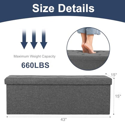 43 Inch Folding Storage Ottoman Bench, Large Hidden Storage Chest with Thicker Foam Padded Seat, End of Bed Foot Rest Stool for Bedroom Living Room Entryway, Load 660 lbs, Grey