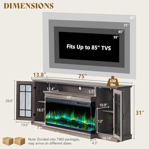 75in 3-Sided Glass Fireplace TV Stand for TVs up to 85", view 3