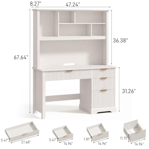 Fluted Computer Desk with Hutch and Ample File Drawer, White, view 3