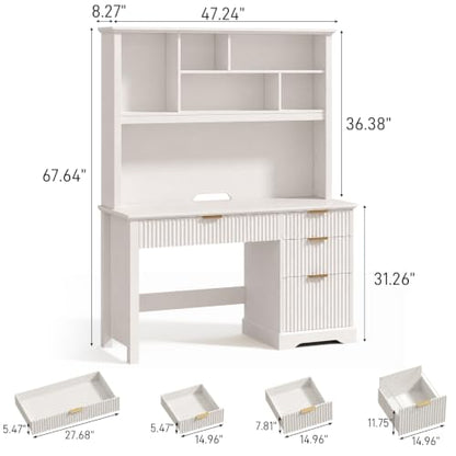 Fluted Computer Desk with Hutch and Ample File Drawer, White, view 3