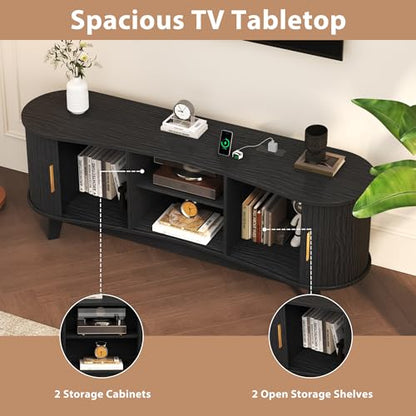 Mid Century Modern TV Stand for 65" TVs, Fluted TV Stands Black, view 6