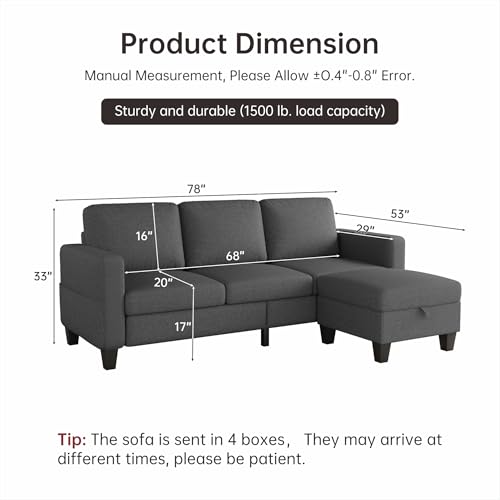 78" Sectional Sofa Couches for Living Room, 3 Seat L Shaped Convertible Couch with Storage Ottoman, Comfortable Pet-Friendly Linen Sofa Set for Small Space, Apartment, Office, Dark Grey