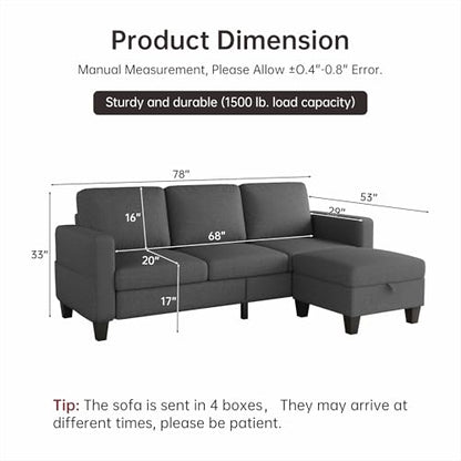 78" Sectional Sofa Couches for Living Room, 3 Seat L Shaped Convertible Couch with Storage Ottoman, Comfortable Pet-Friendly Linen Sofa Set for Small Space, Apartment, Office, Dark Grey