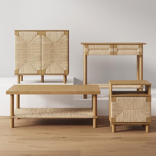 Nathan James Beacon Bohemian Coffee Table with Storage, 2-Tier Rectangle Coffee Table with Solid Wood Legs and Seagrass Shelf, Light Brown