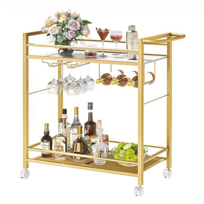 Bar Cart w/Wheels,2 Tier Home Bar Serving Cart,Flowing Gold, view 2