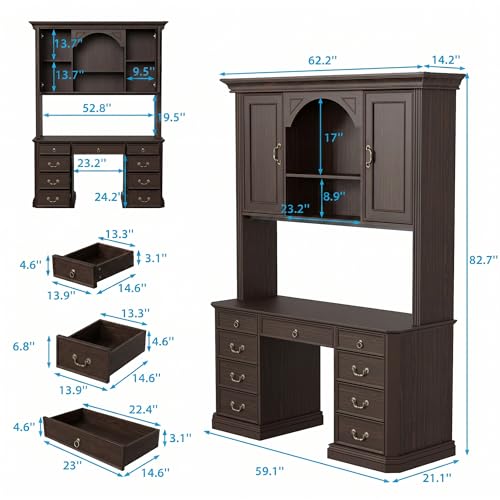 Lighted Writing Desk with Hutch and Drawers, 62" W x 82.7" H, Brown, view 3