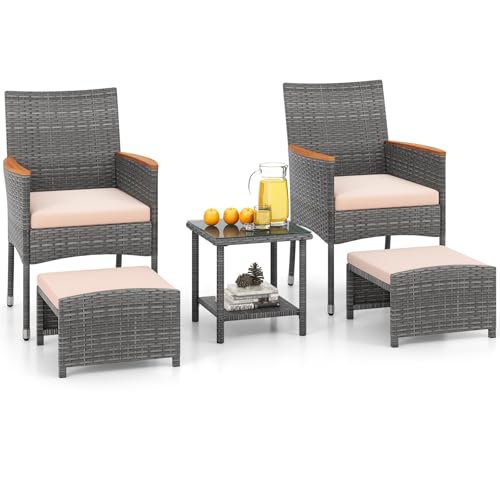 5 Pieces Patio Conversation Set, Outdoor PE Rattan Chairs with Soft Cushions, Ottomans & Tempered Glass Top Table, Acacia Wood Armrests, Patio Furniture Set (Mix Grey+Beige)
