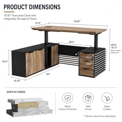 71" Executive Standing Desk with Locking Drawers and Charging Station, view 3