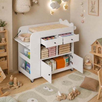 Baby Changing Table, 2 Drawers Nursery Changing Station with 4 Open Cubbies, view 4