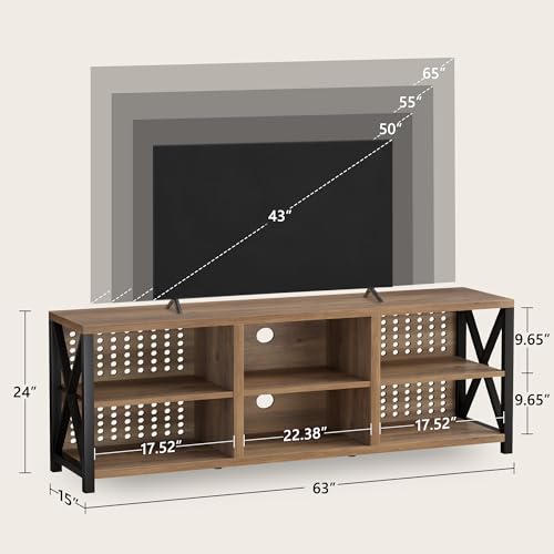 TV Stand with Storage Shelves for 75 Inch TV Rustic Oak 63 Inch, view 3