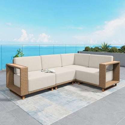 L Shaped Patio Furniture, Outdoor Sectional Sofa with 10''Ultra-Thick Cushions, Yellow Rattan Wicker Patio Conversation Set, Low Profile Lawn Garden Backyard Furniture