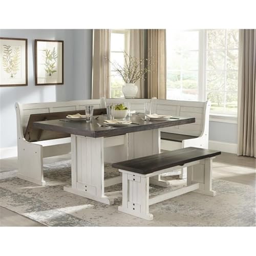 4-Pieces Dining Set Wood, Rectangular in Brown (36" H x 75" W x 56" D) for Kitchen, Dining Room with Table, Reversable Benches, and Storage Space