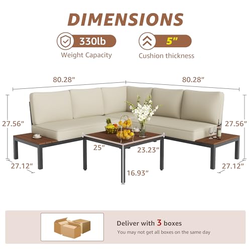 Outdoor Furniture Set, L Shape Patio Sectional, Metal Corner Couch Sofa Set with Side Tables, Detachable Backrest, Fauxwood Coffee Table, Beige Olefin Cushions for Garden Deck