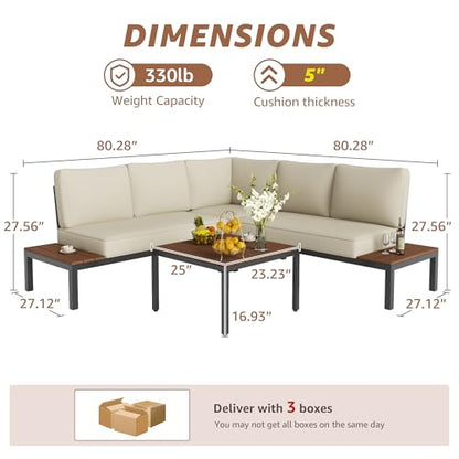 Outdoor Furniture Set, L Shape Patio Sectional, Metal Corner Couch Sofa Set with Side Tables, Detachable Backrest, Fauxwood Coffee Table, Beige Olefin Cushions for Garden Deck