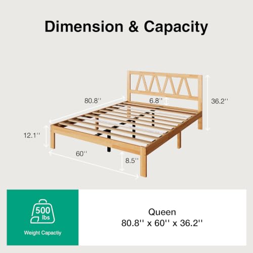 12 Inch Queen Bed Frame with Headboard Bed Frame Queen Size Solid Wooden Bed, view 3