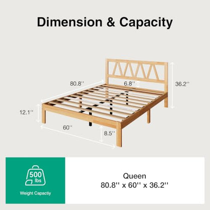 12 Inch Queen Bed Frame with Headboard Bed Frame Queen Size Solid Wooden Bed, view 3