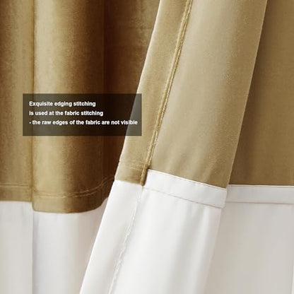 Color Block Velvet Curtains 90 inch Gold Ivory Cream Luxury Elegant Modern Living Room Curtain Light Blocking Thermal Insulated Soundproof Room Darkening Energy Saving Drapes for Bedroom Set of 2
