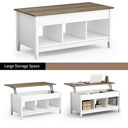 Lift Top Coffee Table, Wood Cocktail Table w/Hidden Compartment & Lower Storage Shelves, Wood Laptop Table, Lift Tabletop Home Furniture for Living Room, Guest Room, Office, White