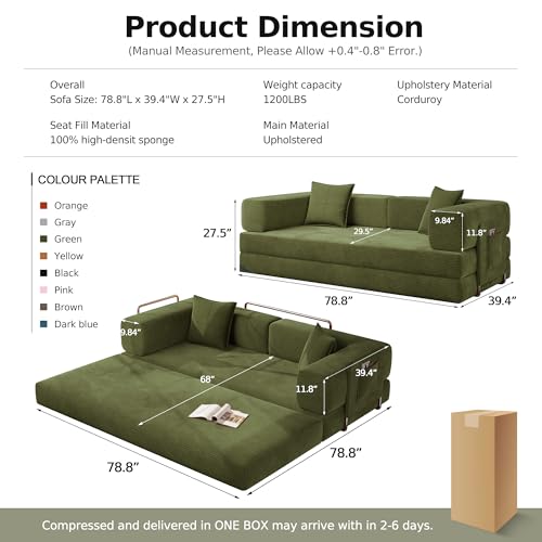 78.8''Sleeper Couch Bed for Livingroom,Convertible Modular Sofa with Armrest Pillow,Modular Foldable Corduroy Couches in a Box,No Assembly (Green)